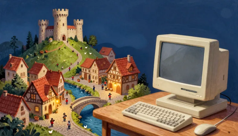 Painted illustration of a tiny medieval town with a humpback stone bridge, chickens and a castle on a hill, next to an old beige computer on a wooden desk.