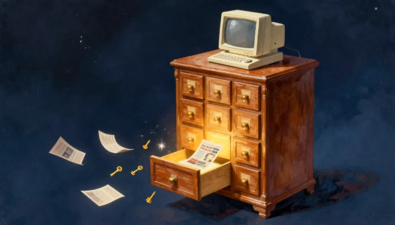Painted illustration of a glowing card-catalog cabinet in space with keys and index cards drifting out of an open drawer.