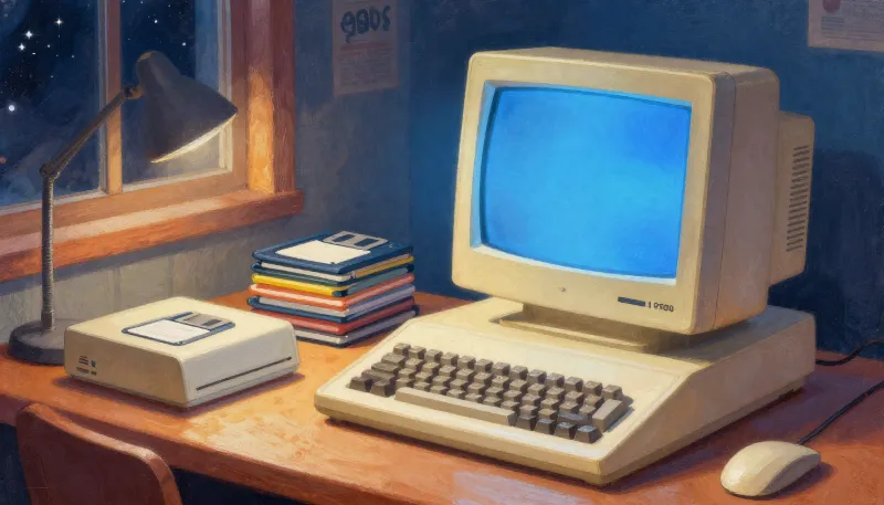 Painted illustration of a 1980s home computer and floppy drive glowing on a child's desk at night beside a stack of floppy disks.