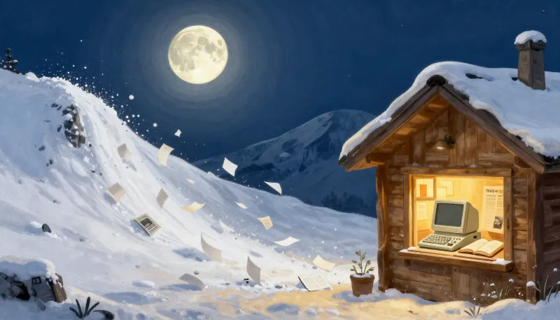 Painted illustration of an avalanche of blank paper pages sliding down a moonlit mountain toward a cabin where an old computer glows in the window.
