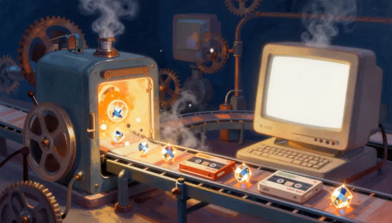 Painted illustration of a conveyor belt feeding film reels into a glowing machine that turns them into small crystal discs.