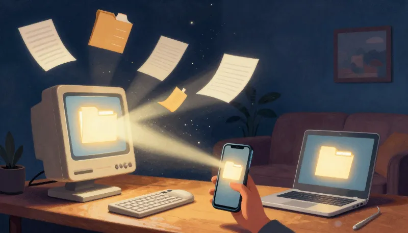 Painted illustration of an old desktop computer beaming glowing folders across a living room to a phone and a laptop.